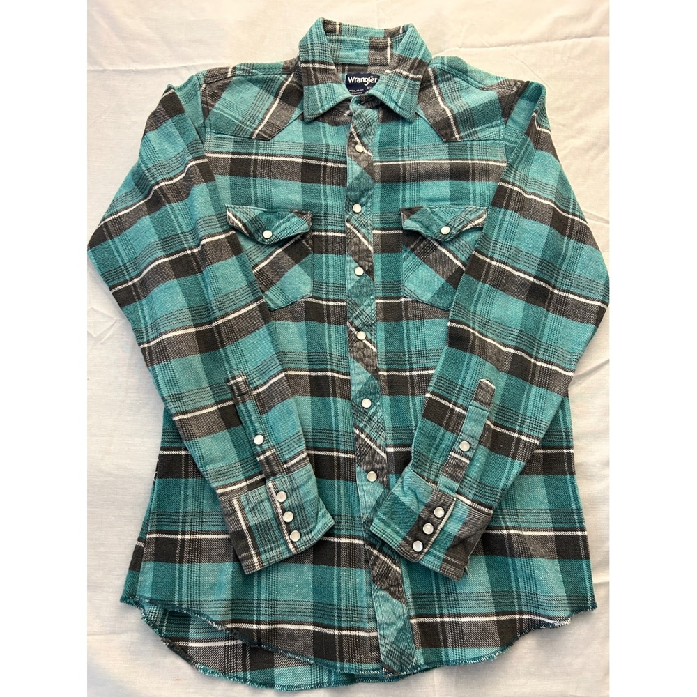 Wrangler Mens Western Pearl Snap Flannel Shirt Teal Black Plaid Distressed‎